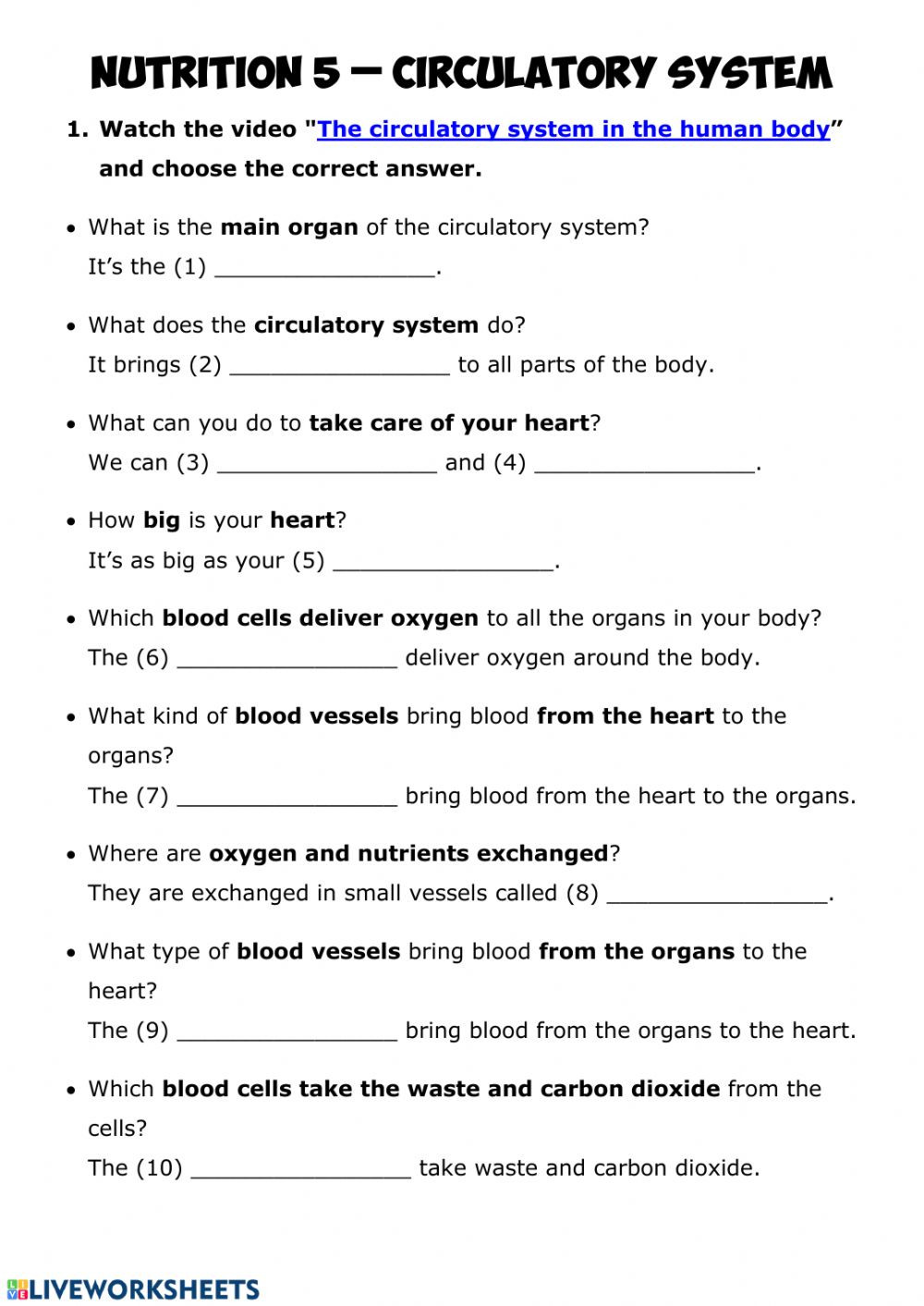 The Circulatory System Worksheet Nutrition 5 Circulatory System Circulatory System Worksheet