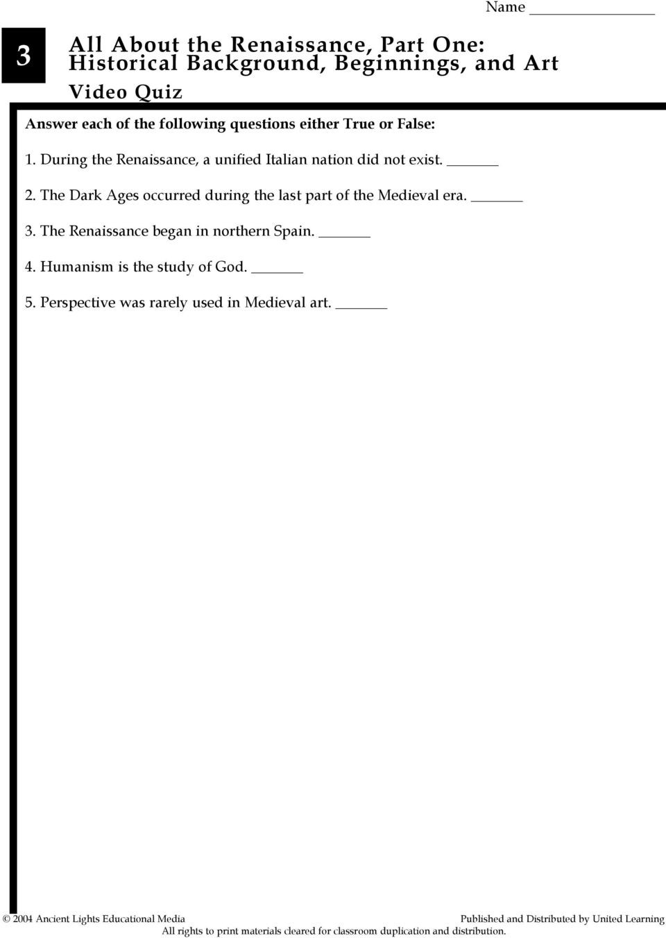 The Dark Ages Video Worksheet All About the Renaissance Part E Historical Background