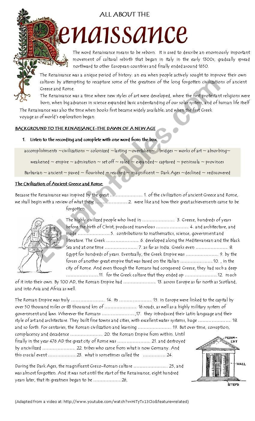 The Dark Ages Video Worksheet Background to the Renaissance Esl Worksheet by