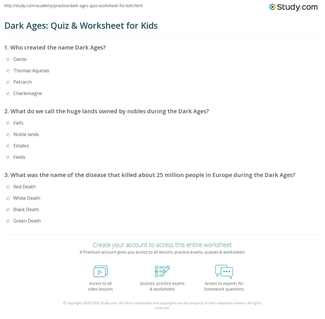 The Dark Ages Video Worksheet Dark Ages Quiz &amp; Worksheet for Kids
