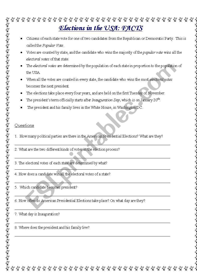 The Electoral Process Worksheet English Worksheets Elections In the Usa Part 1