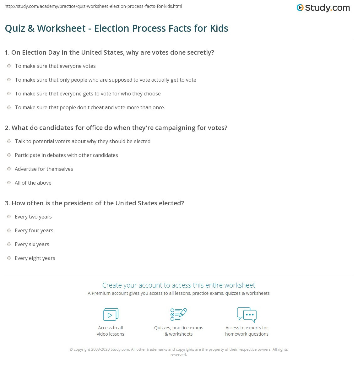 The Electoral Process Worksheet Quiz &amp; Worksheet Election Process Facts for Kids