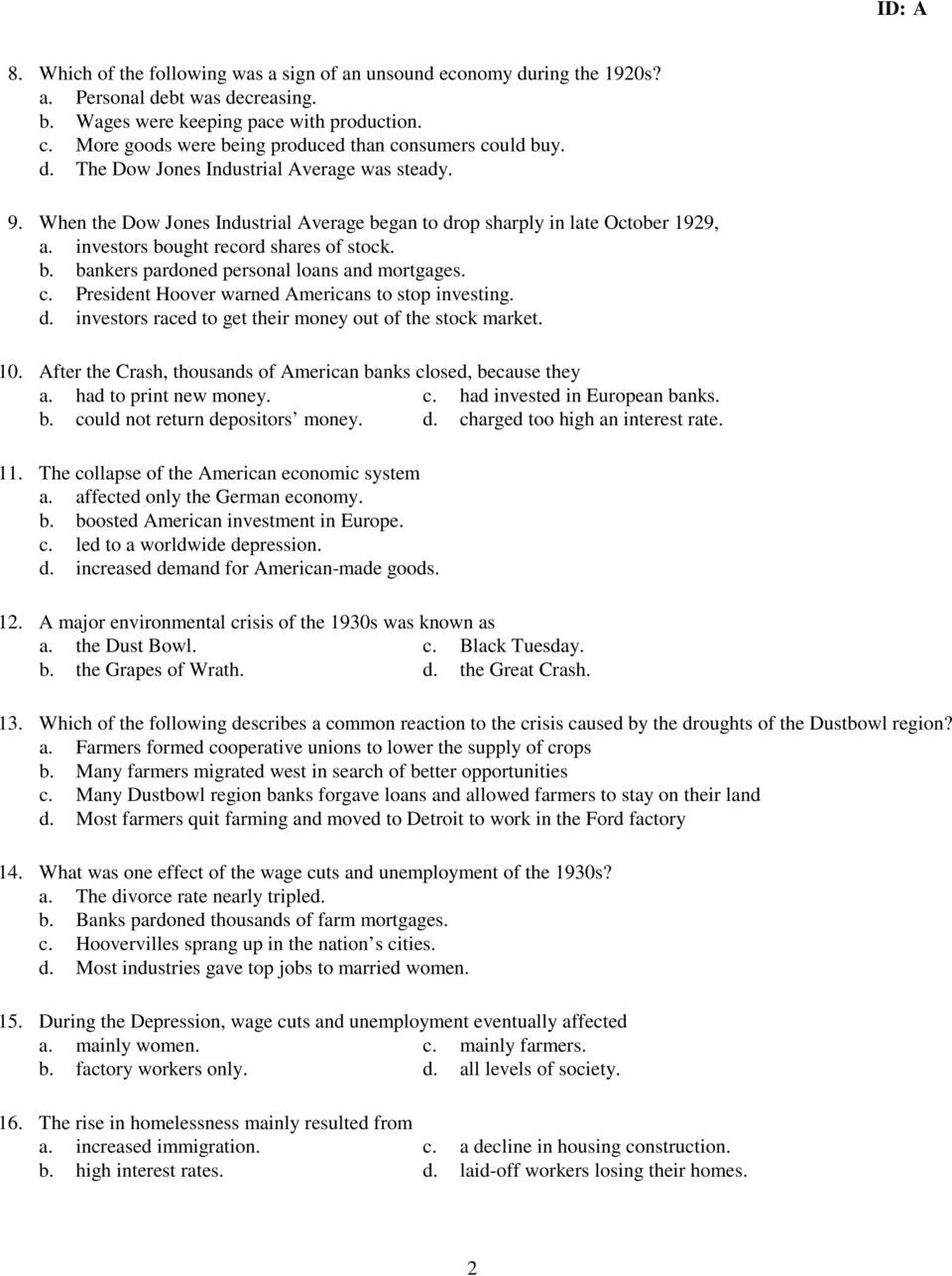 The Great Depression Worksheet Chapter 12 Quiz the Great Depression Pdf Free Download