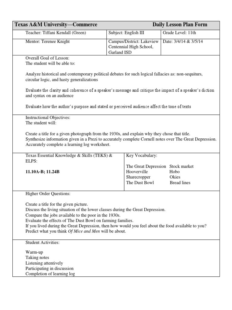The Great Depression Worksheet Great Depression Introduction Lesson Plan Lecture