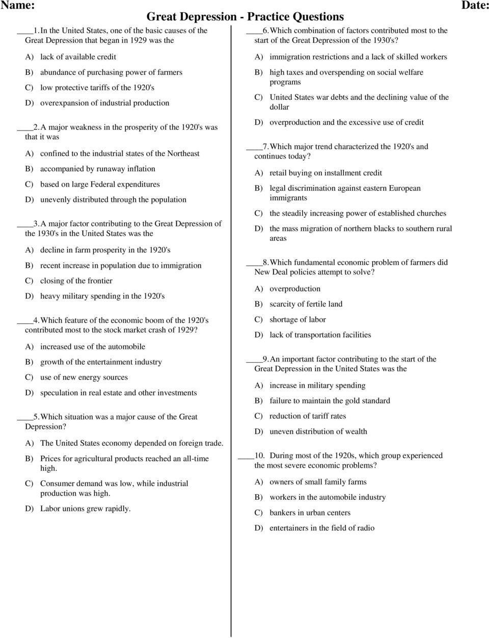 The Great Depression Worksheet Great Depression Practice Questions Pdf Free Download