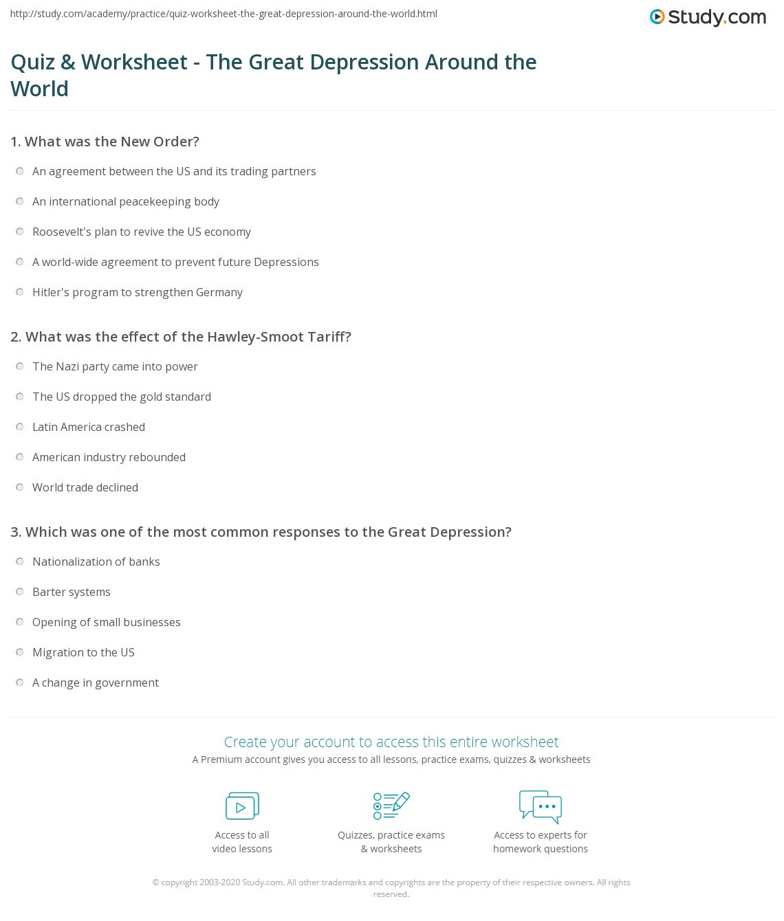 The Great Depression Worksheet Quiz &amp; Worksheet the Great Depression Around the World