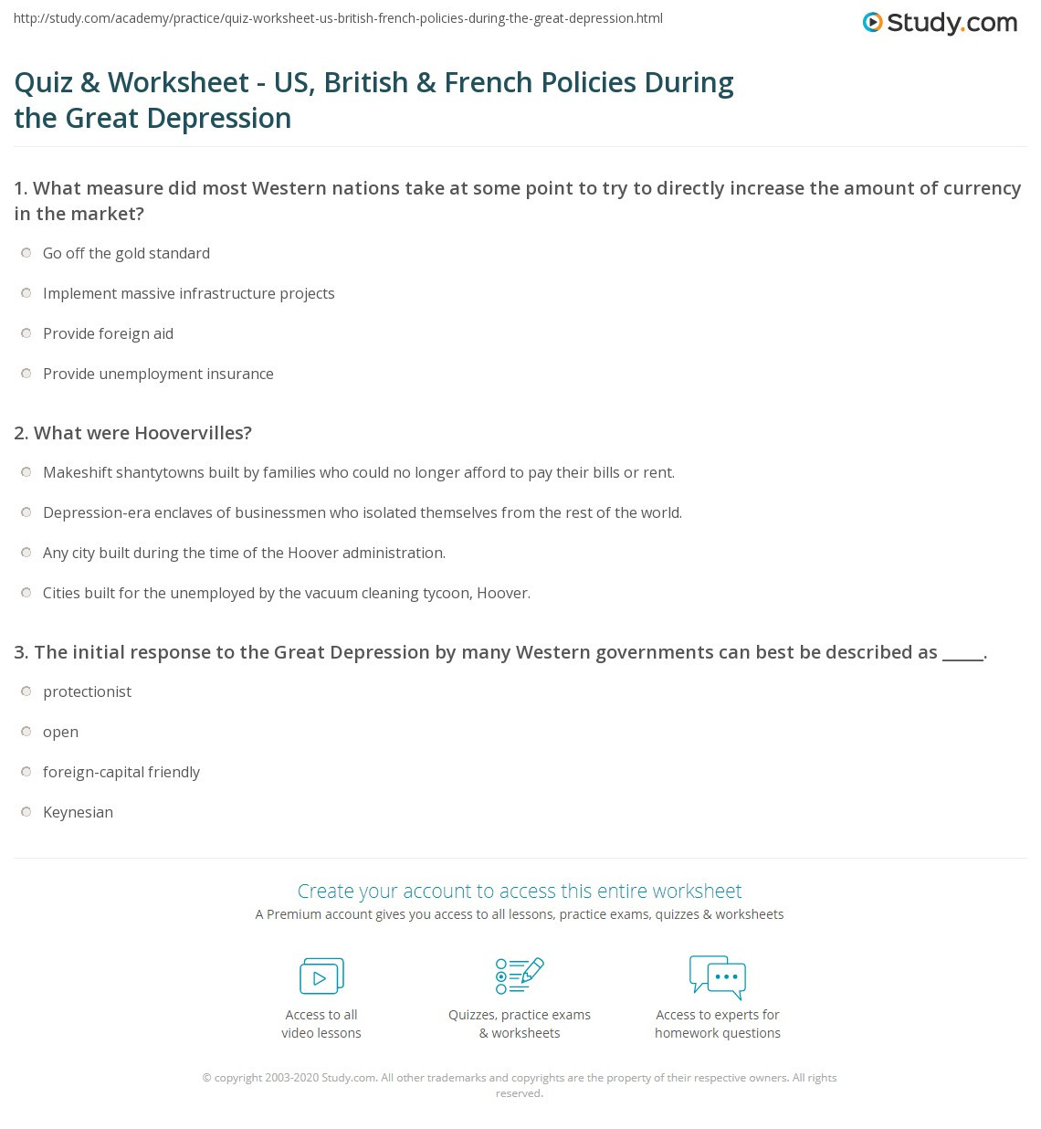 The Great Depression Worksheet Quiz &amp; Worksheet Us British &amp; French Policies During the
