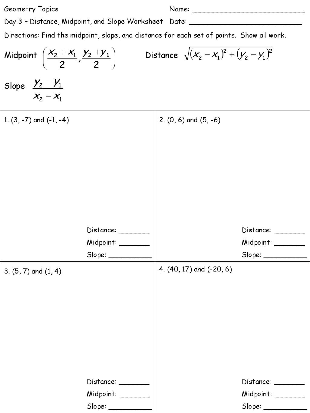 The Midpoint formula Worksheet Geometry topics Name Ppt