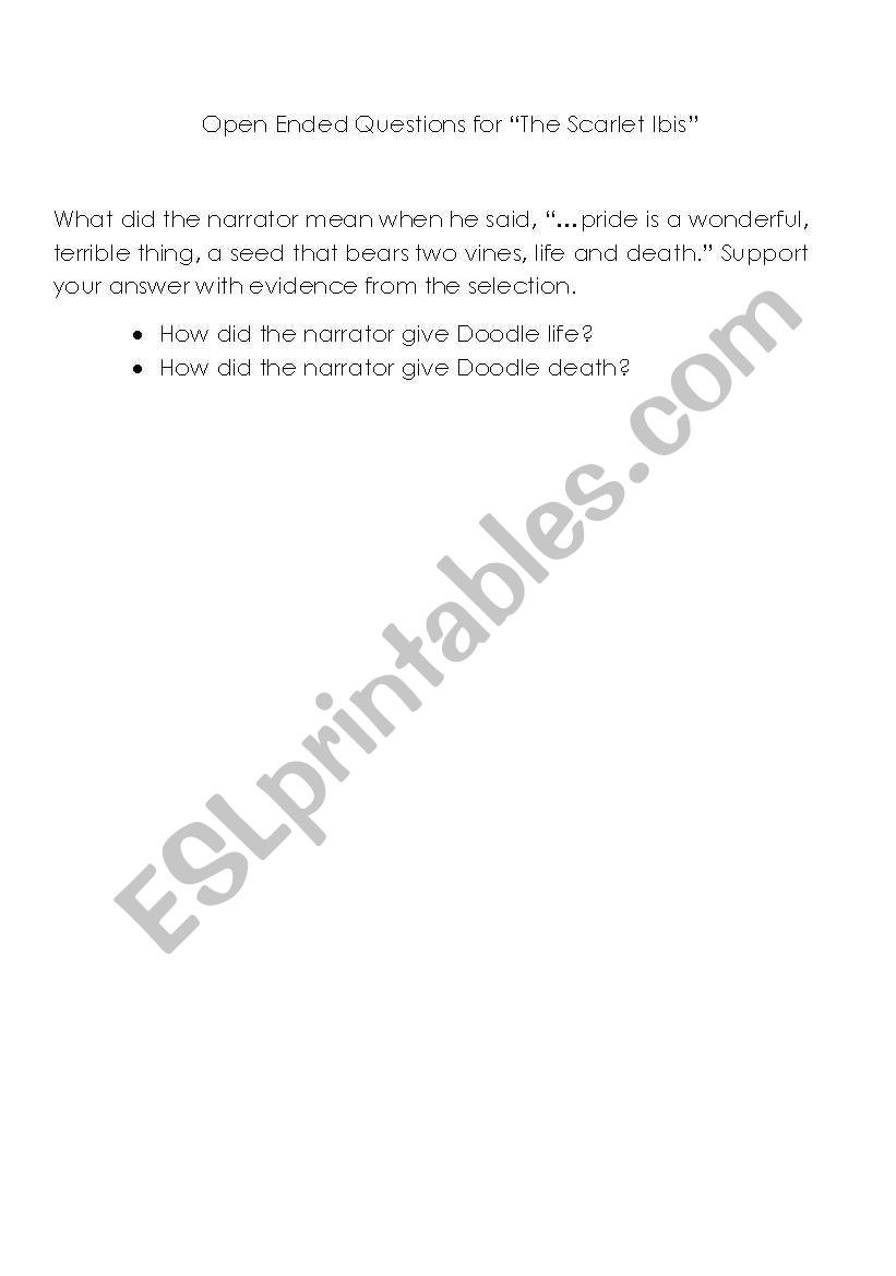 The Scarlet Ibis Worksheet English Worksheets &quot;the Scarlet Ibis&quot; Open Response Question