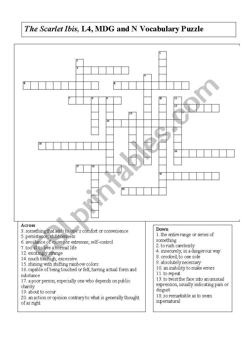 The Scarlet Ibis Worksheet English Worksheets the Scarlet Ibis Vocabulary Crossword Puzzle