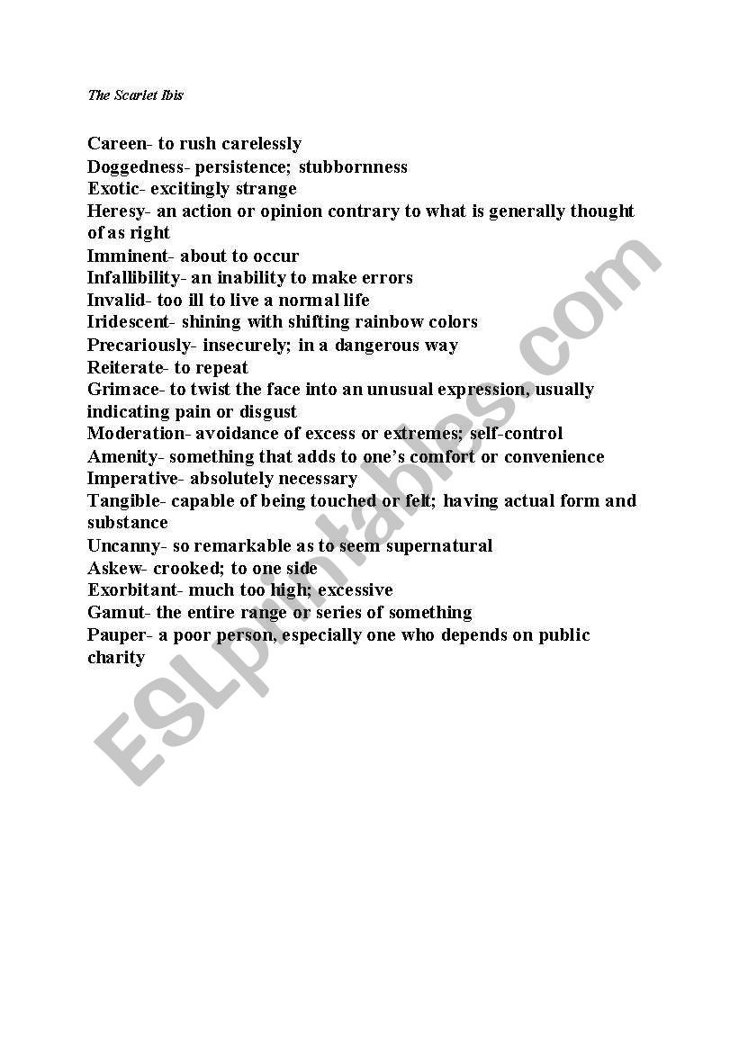 The Scarlet Ibis Worksheet English Worksheets Vocabulary From the Scarlet Ibis