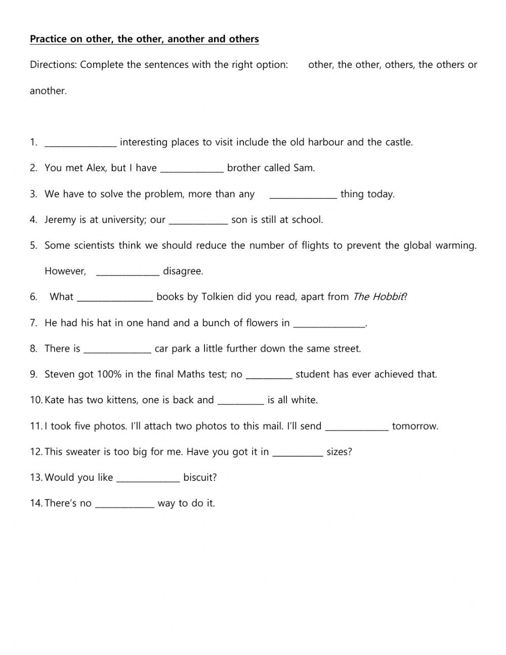 To too Two Worksheet Another the Other Others Other Interactive Worksheet
