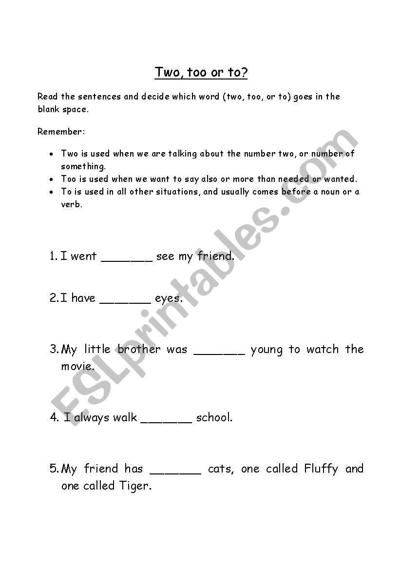 To too Two Worksheet English Worksheets to too and Two