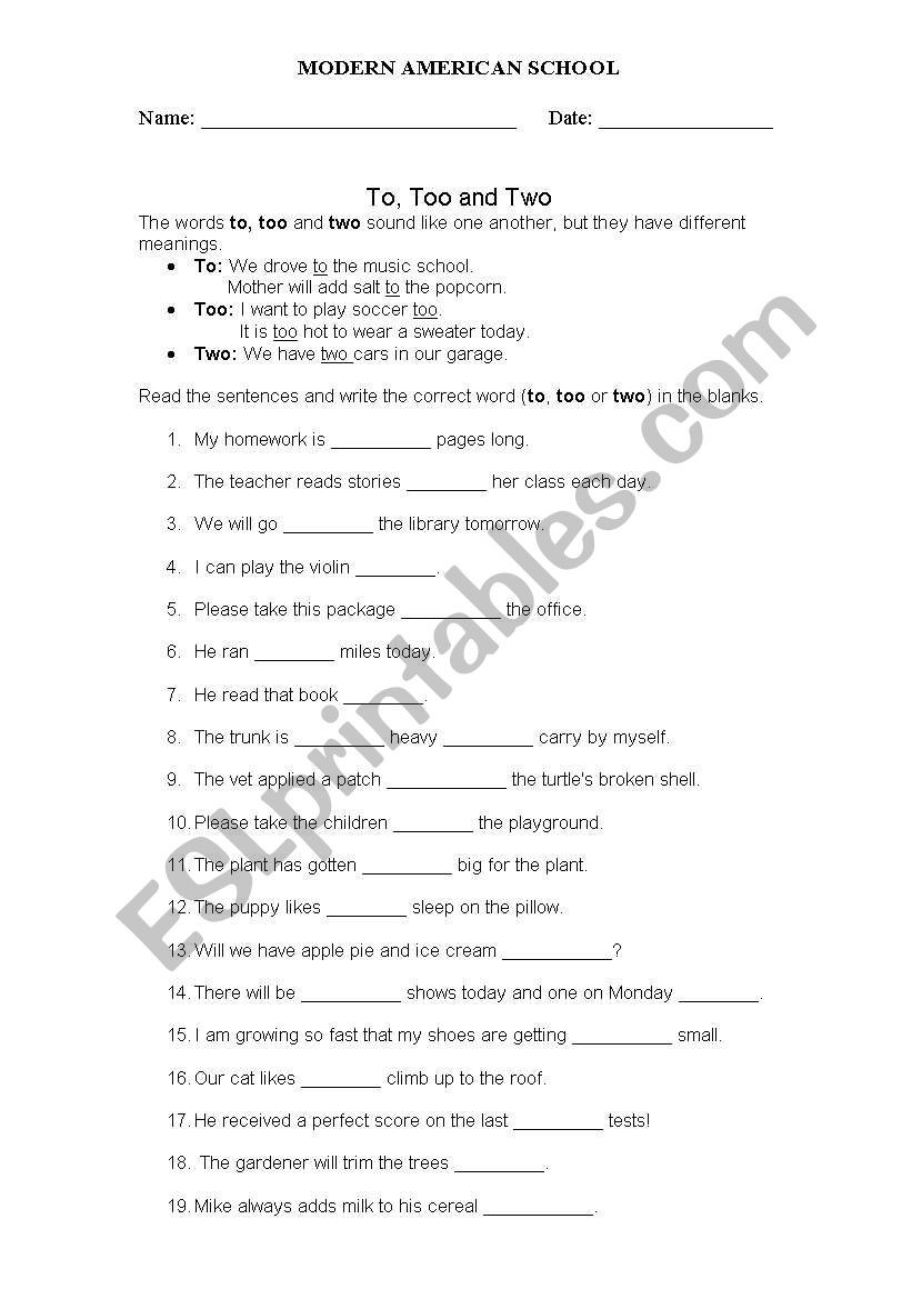 To too Two Worksheet to too and Two Esl Worksheet by Flutter by