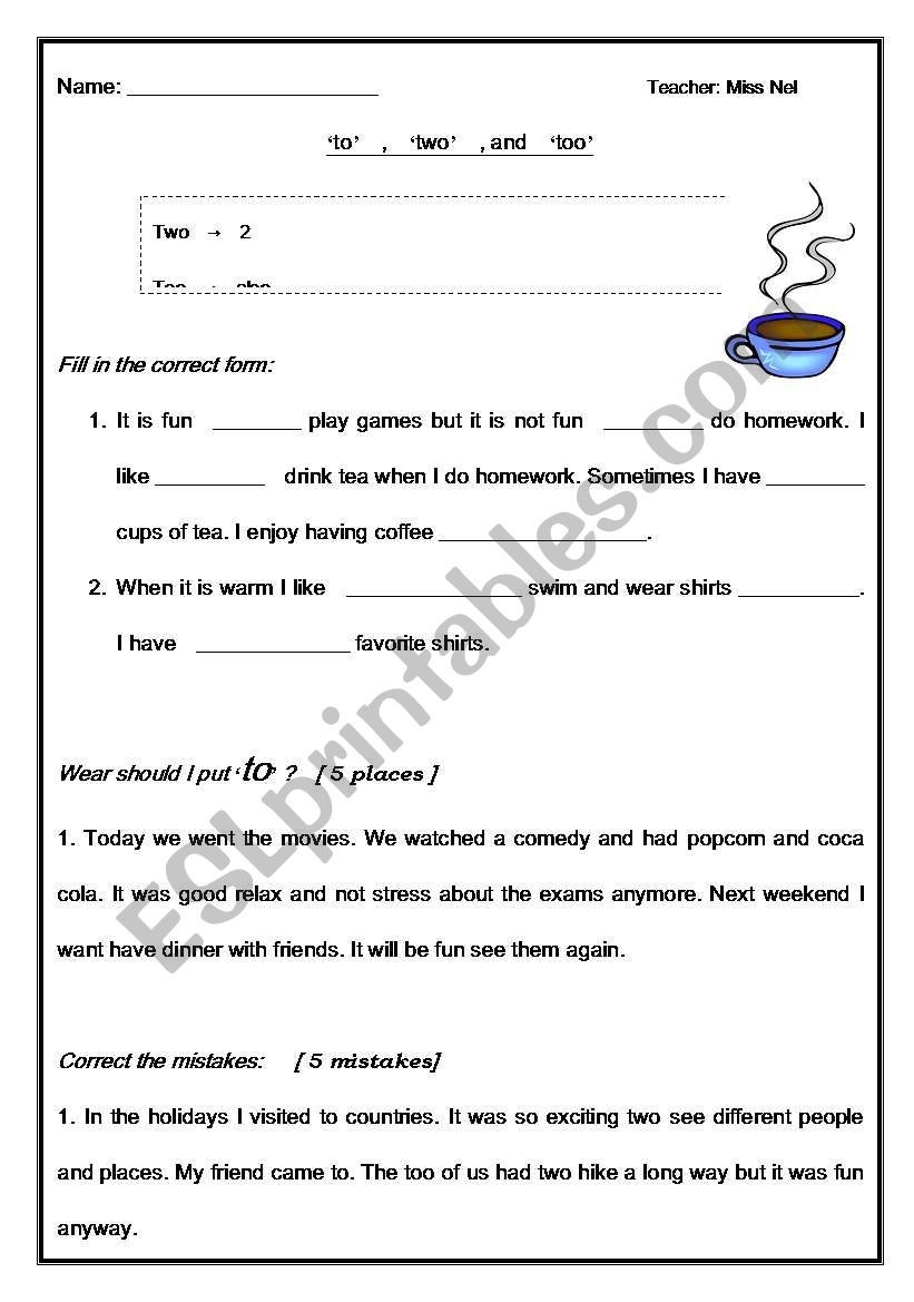 To too Two Worksheet to´ ´two´ and ´too´ Esl Worksheet by Marykenel