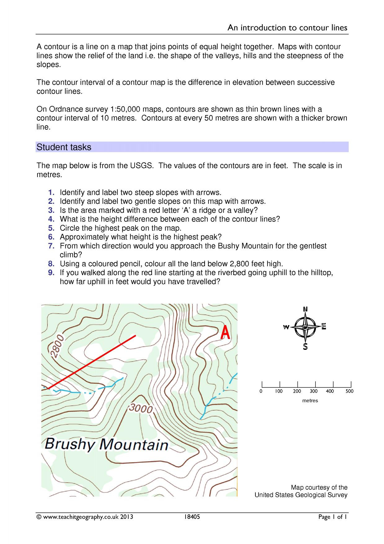 Topographic Map Reading Worksheet Contour Lines Worksheet