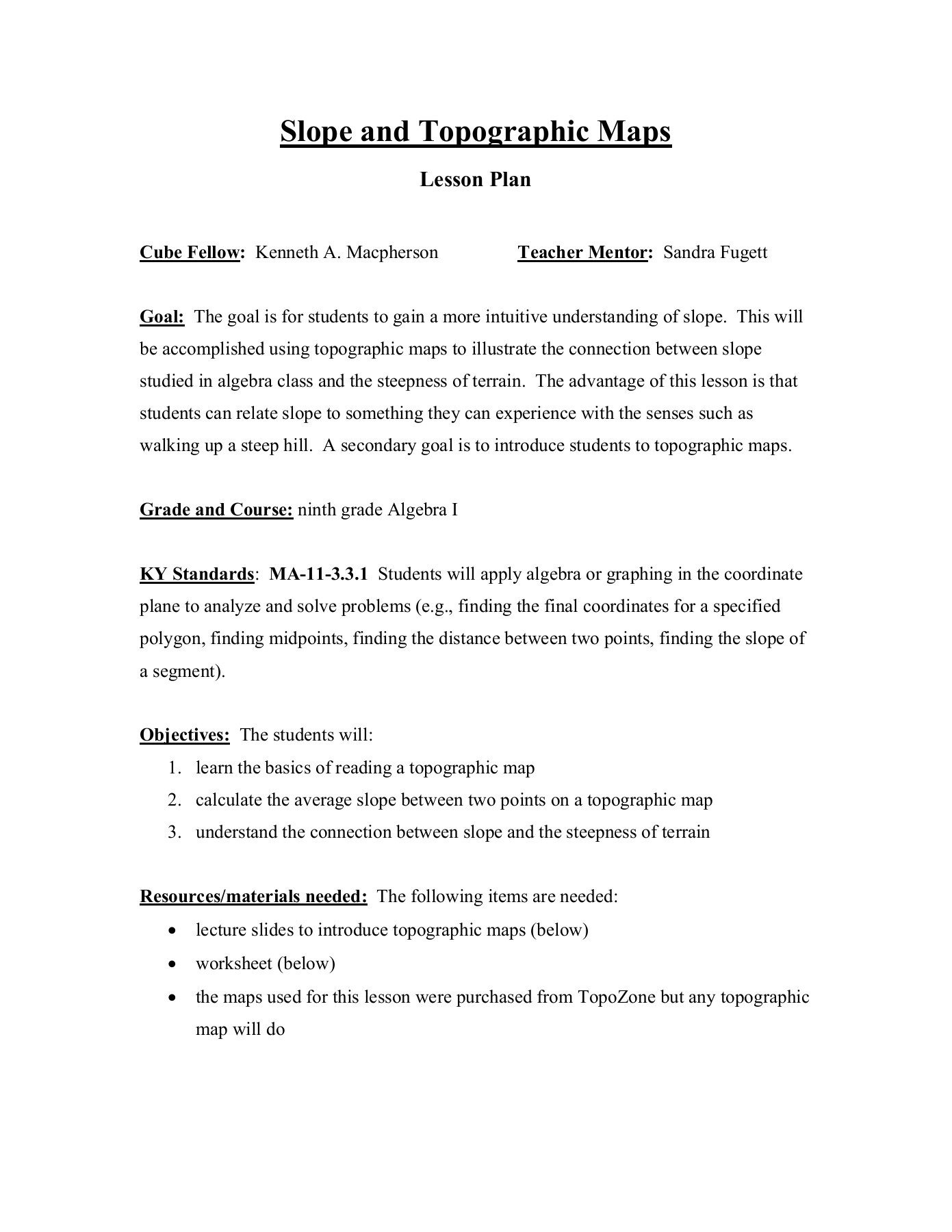 Topographic Map Reading Worksheet Slope and topographic Maps Mathematics Pages 1 8 Text