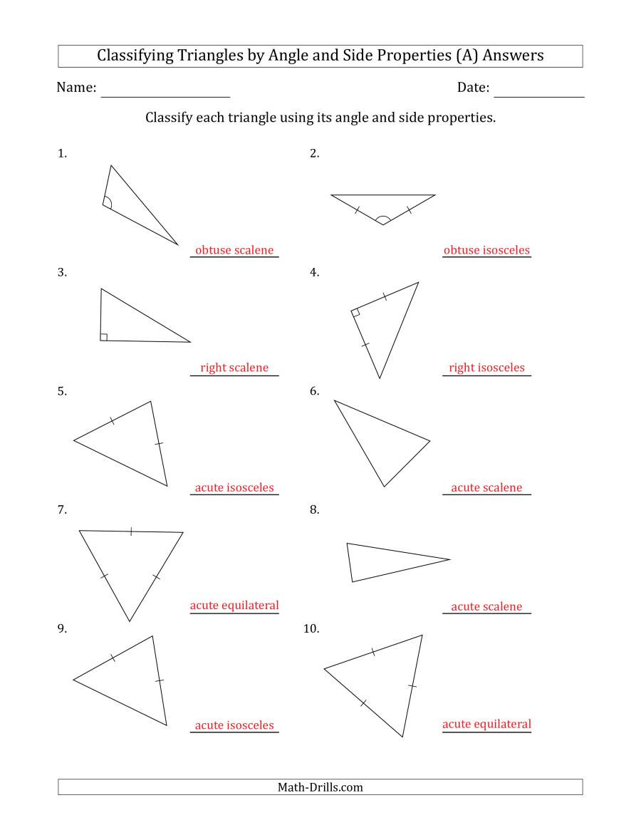 Triangle Angle Sum Worksheet Answers Classifying Triangles by Angle and Side Properties Marks