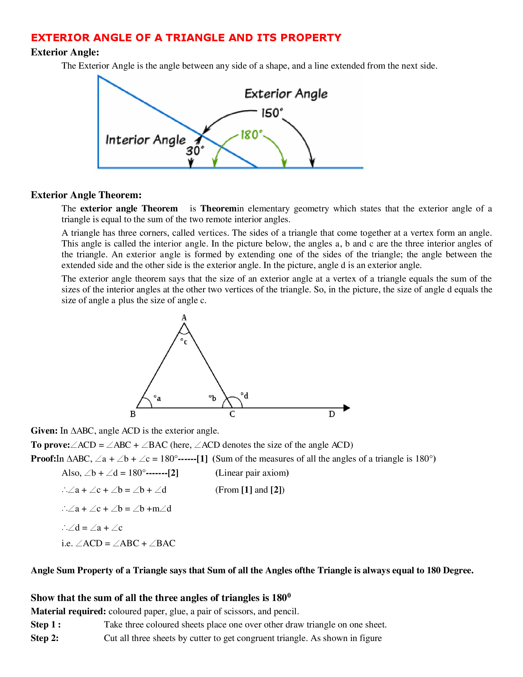 Triangle Angle Sum Worksheet Answers Exterior Angle Of A Triangle and Its Property Worksheet