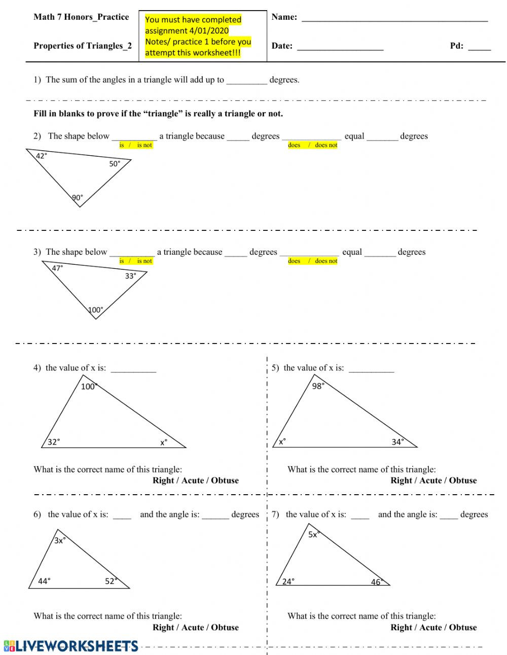 Triangle Angle Sum Worksheet Answers Triangle Basics 2 Interactive Worksheet