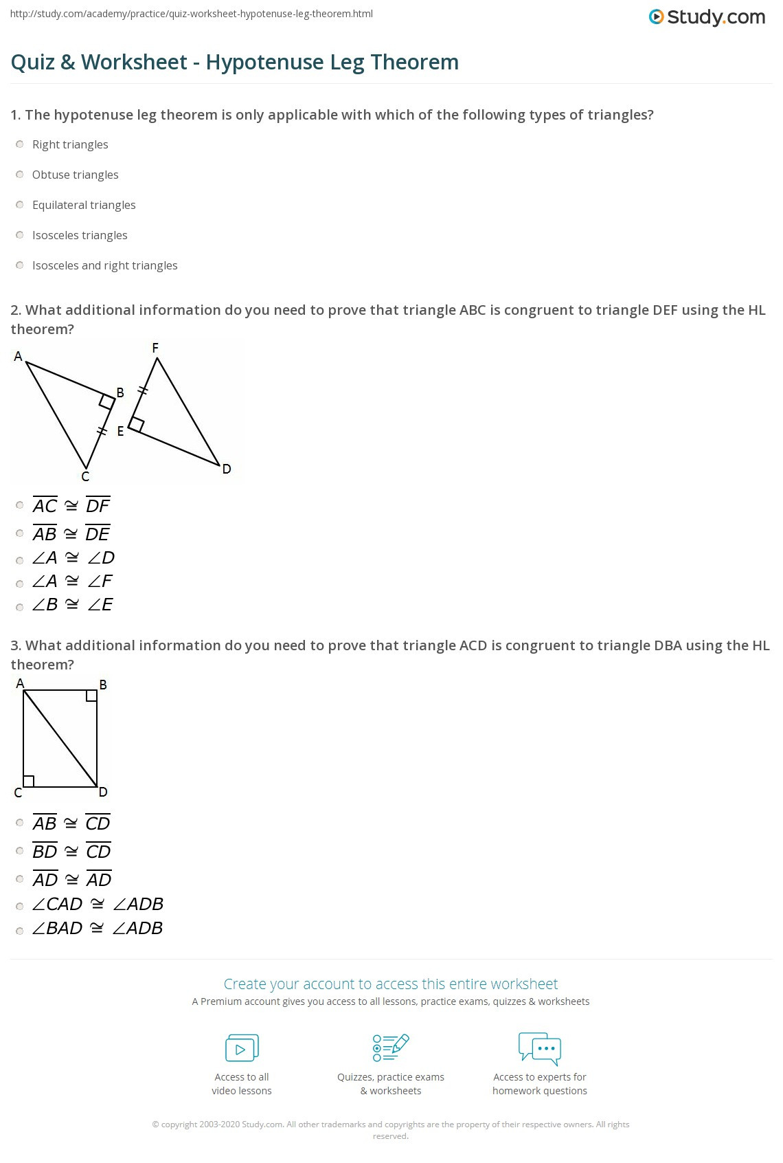 Triangle Congruence Proof Worksheet Quiz &amp; Worksheet Hypotenuse Leg theorem