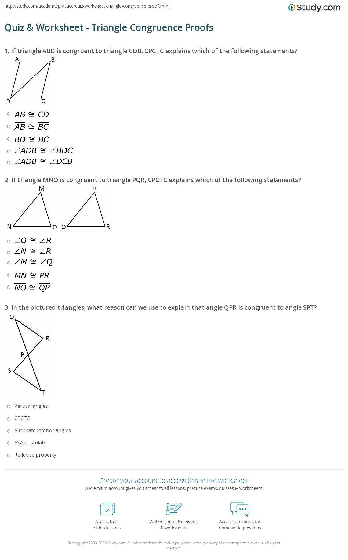 quiz worksheet triangle congruence proofs