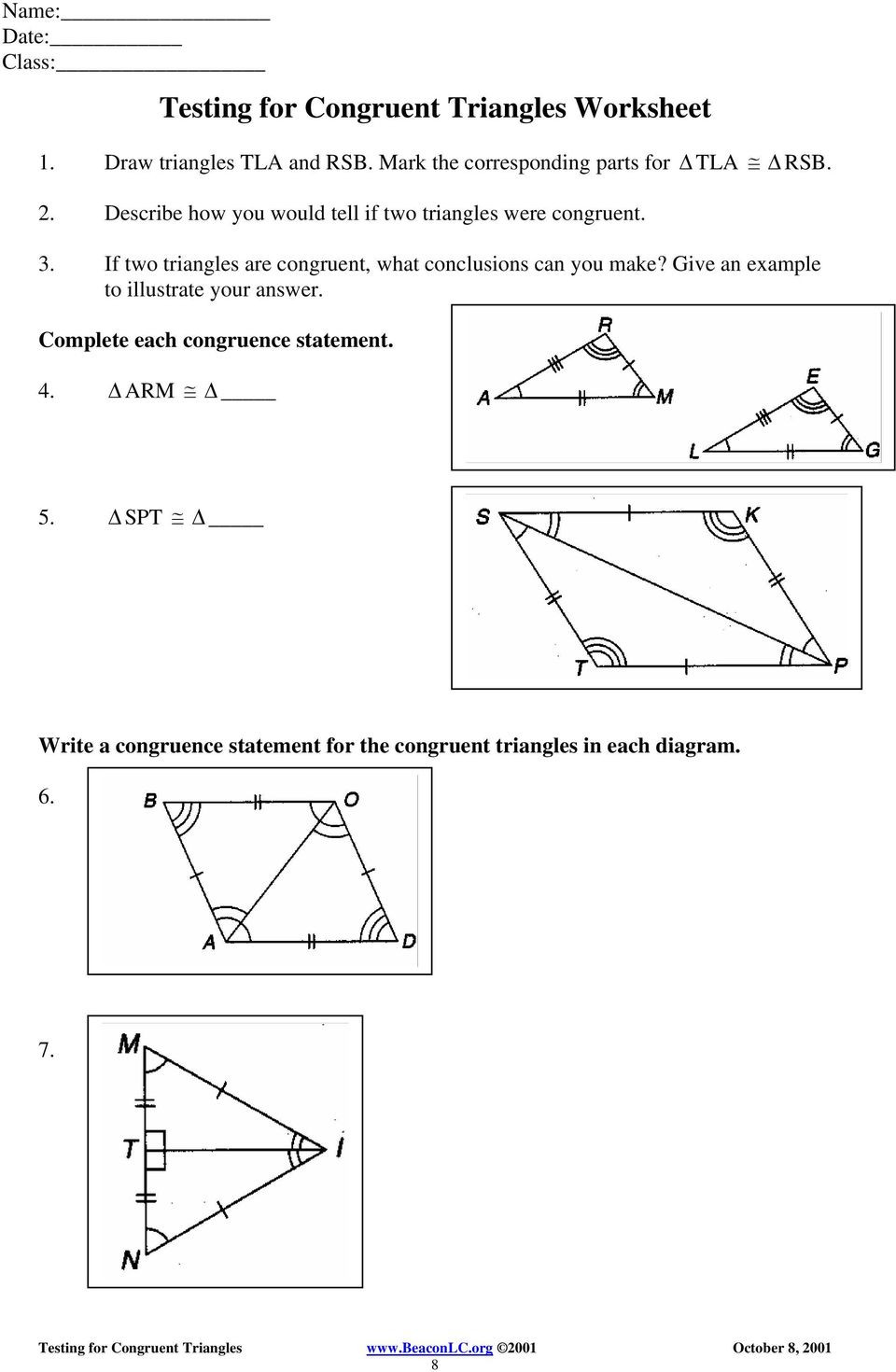 Triangle Congruence Proof Worksheet Testing for Congruent Triangles Examples Pdf Free Download