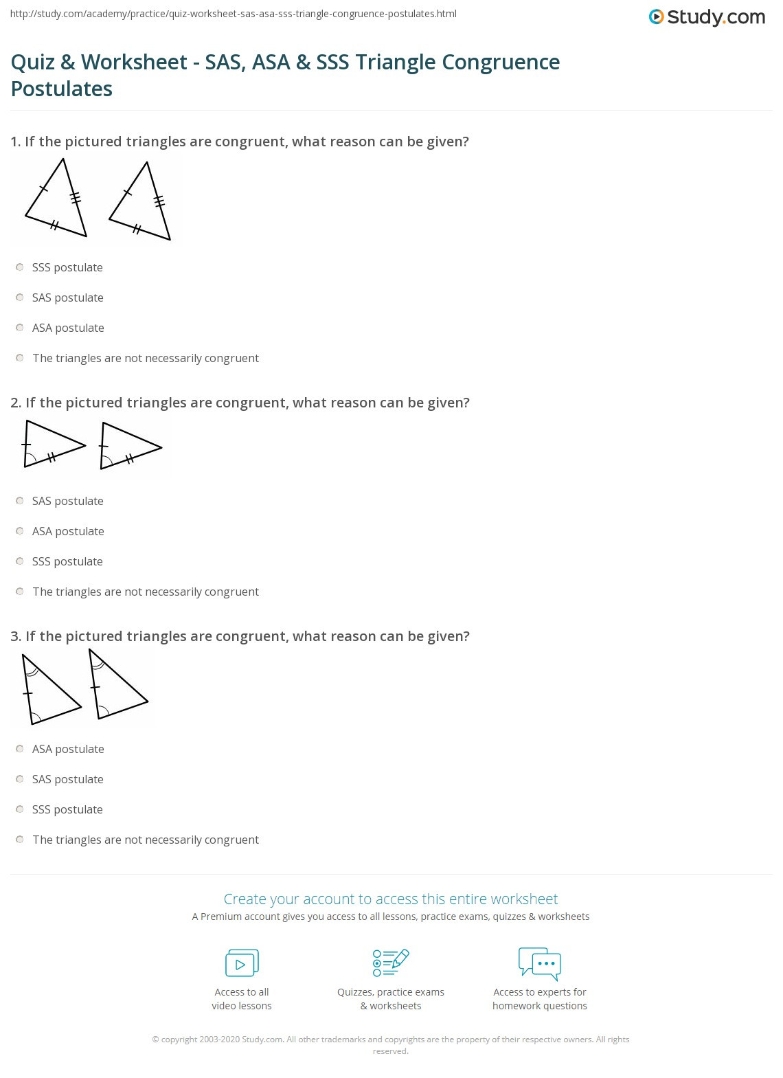 Triangle Congruence Worksheet Answers Quiz &amp; Worksheet Sas asa &amp; Sss Triangle Congruence