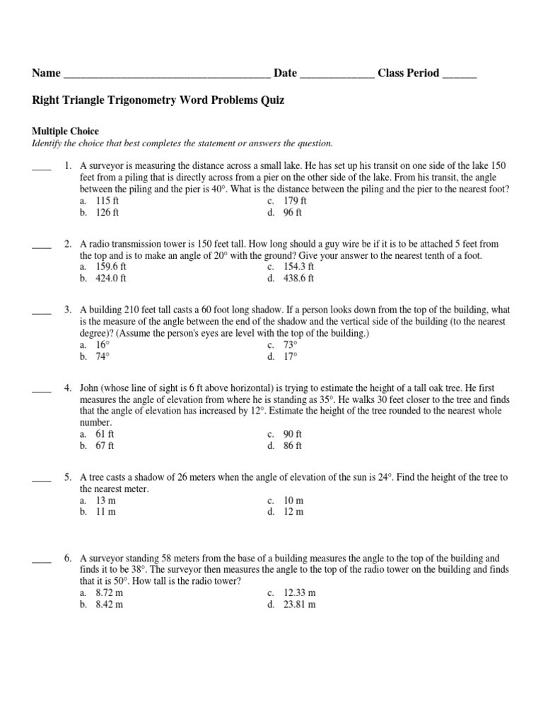 Trig Word Problems Worksheet Answers Quiz Rt Triangle Trig Word Prob Baseball Field