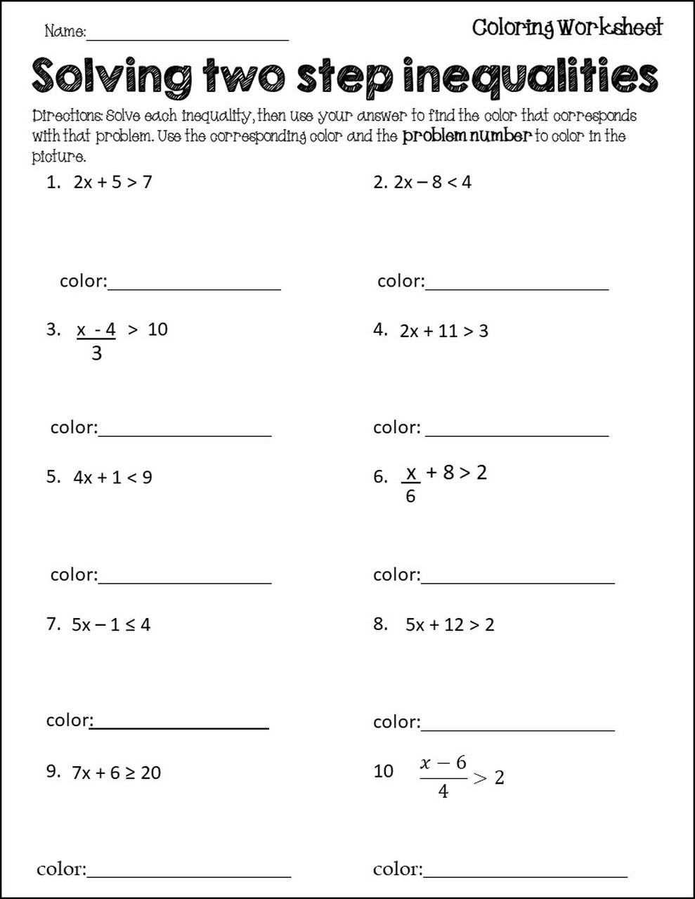 Two Step Equations Worksheet Pdf Two Step Inequalities Coloring Activity