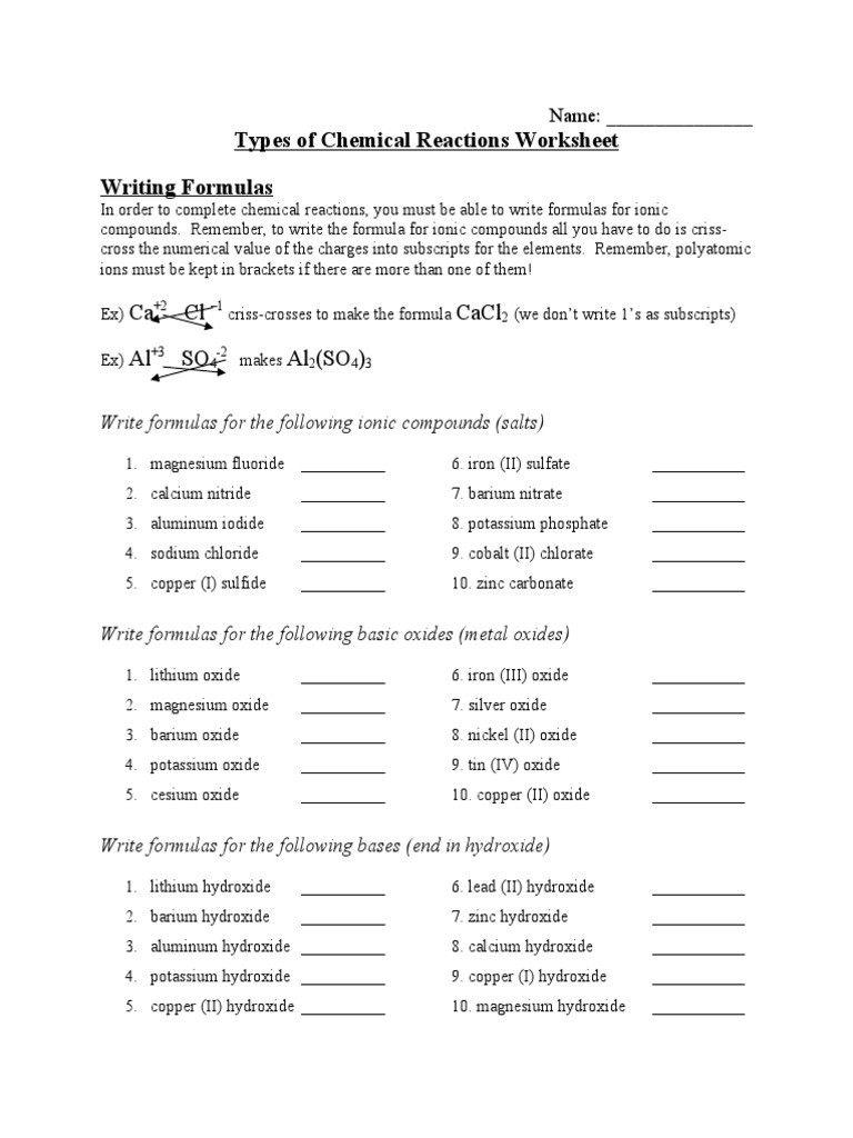 Types Of Chemical Reactions Worksheet Types Of Chemical Reactions Detailed Worksheet 2
