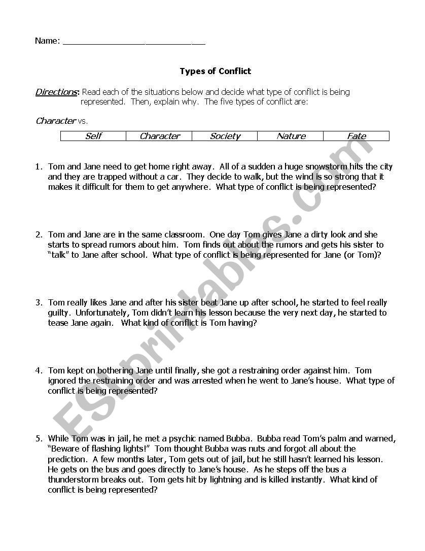 Types Of Conflict Worksheet English Worksheets Types Of Conflict