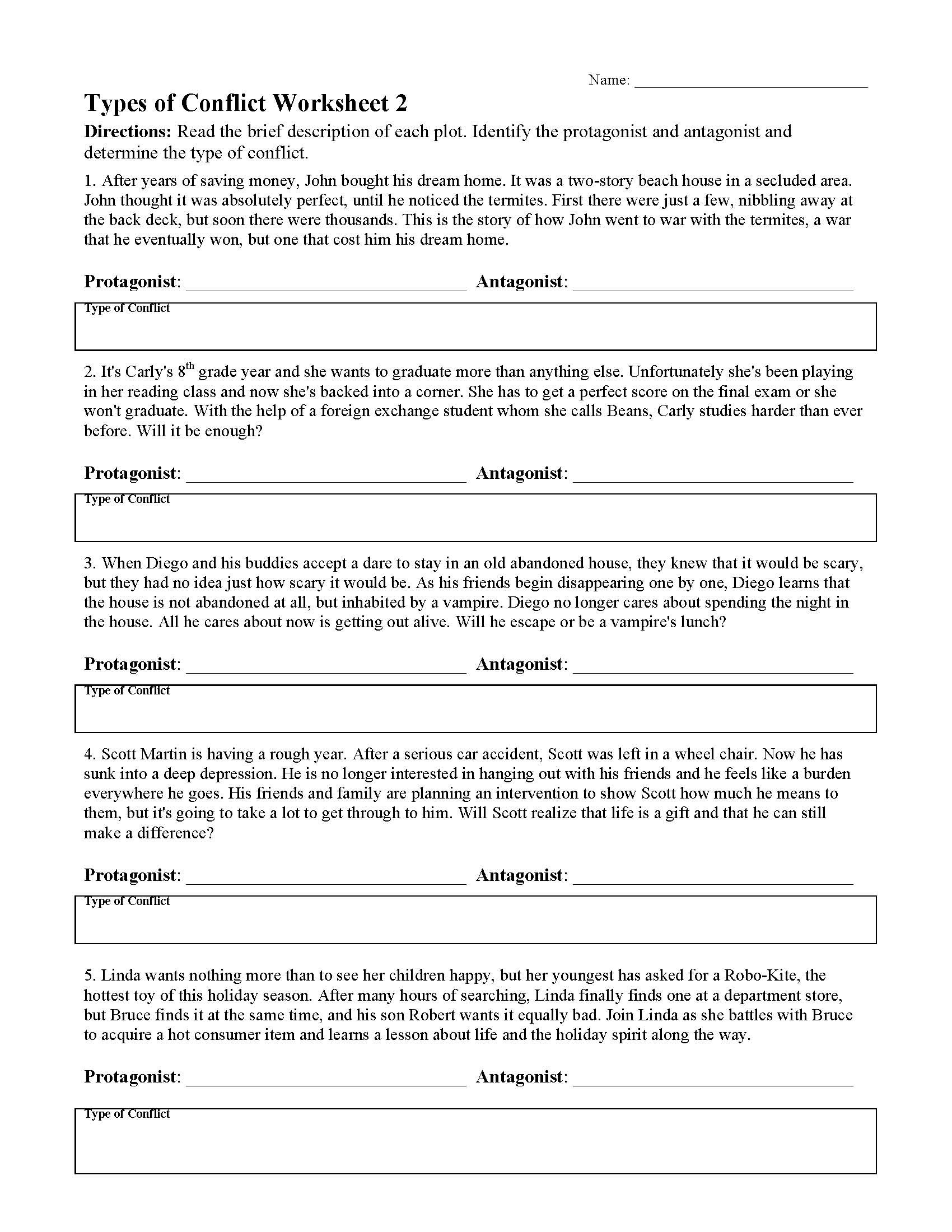 Types Of Conflict Worksheet Types Of Conflict Worksheet 2