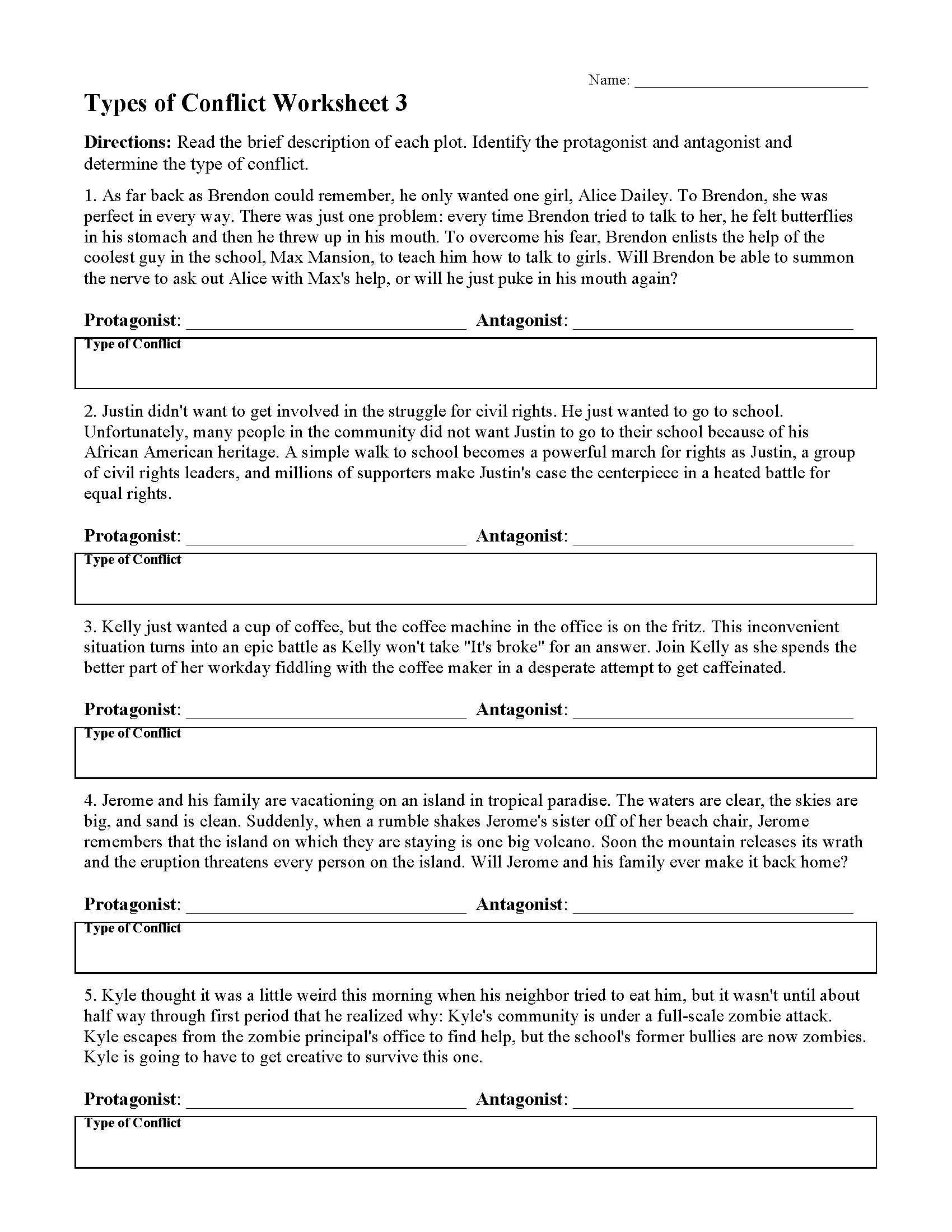 Types Of Conflict Worksheet Types Of Conflict Worksheet 3