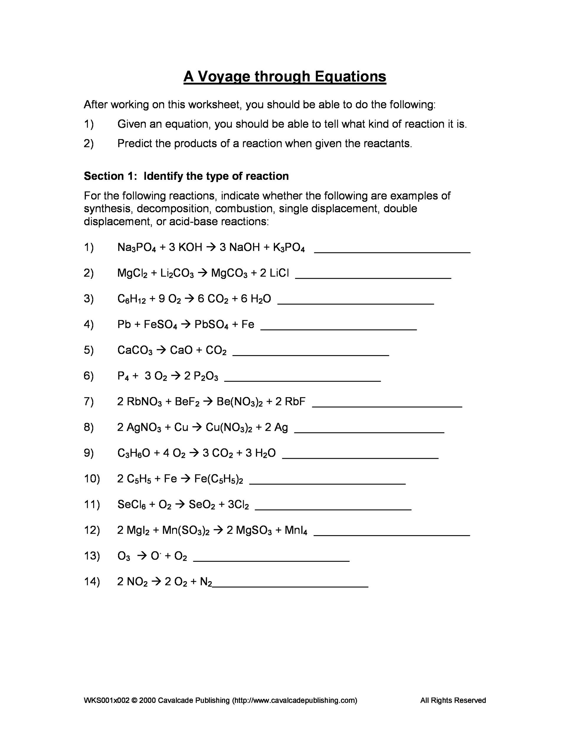 Types Of Reactions Worksheet 49 Balancing Chemical Equations Worksheets [with Answers]
