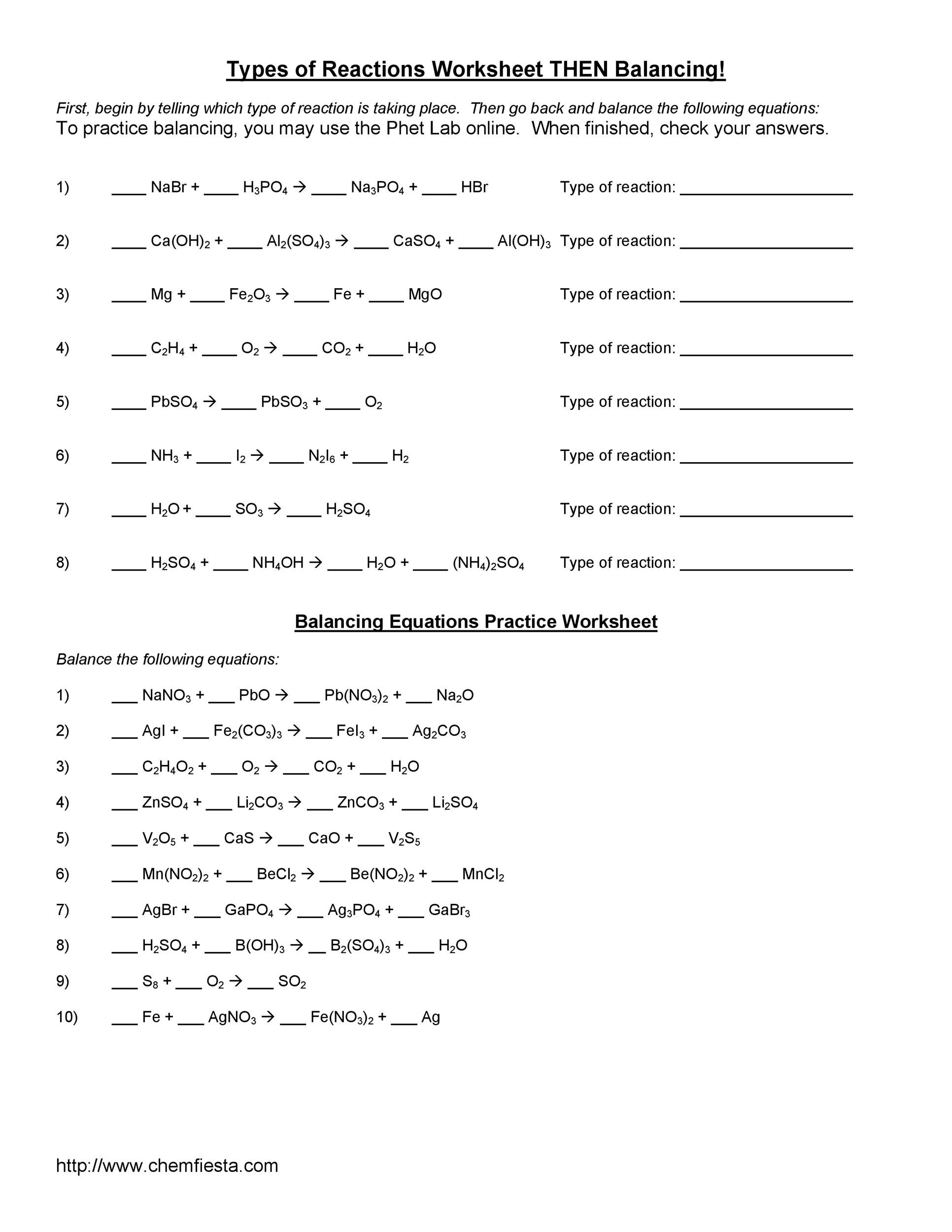 Types Of Reactions Worksheet 49 Balancing Chemical Equations Worksheets [with Answers]