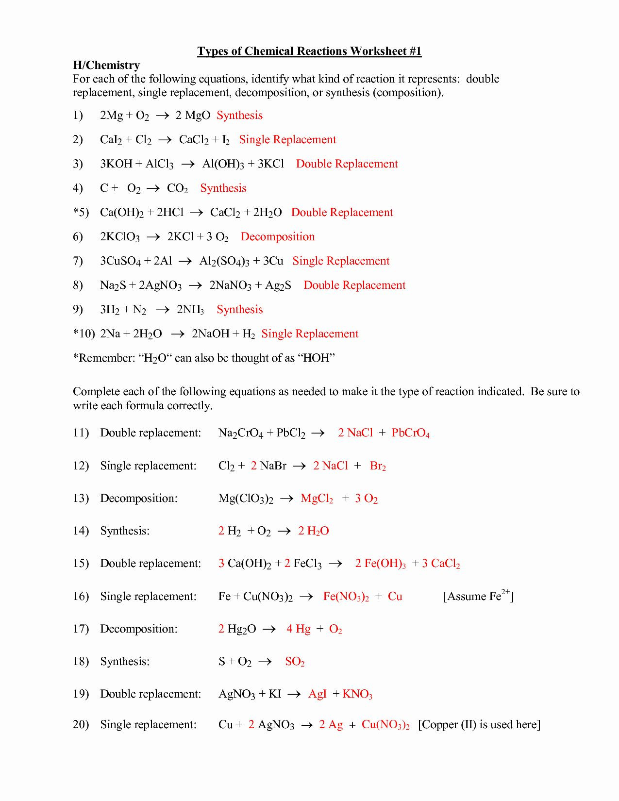 Types Of Reactions Worksheet Answers Classifying Chemical Reactions Worksheet Answers New 16 Best