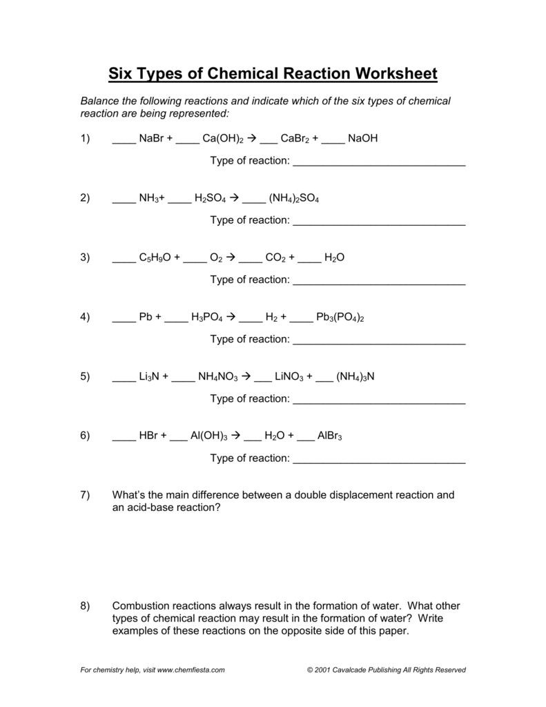 Types Of Reactions Worksheet Classification Chemical Reactions Worksheet Answers