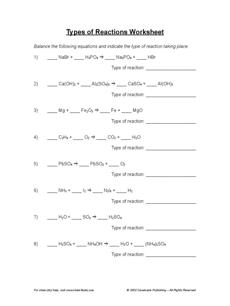 Types Of Reactions Worksheet Types Of Reactions Materials Chemistry
