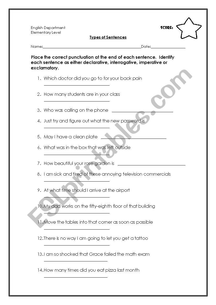 Types Of Sentences Worksheet Types Of Sentences Esl Worksheet by Melaniecb