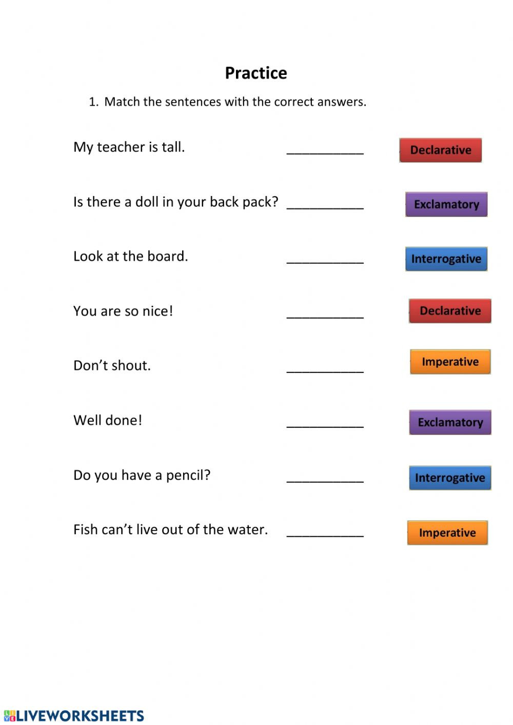 Types Of Sentences Worksheet Types Of Sentences Interactive Worksheet