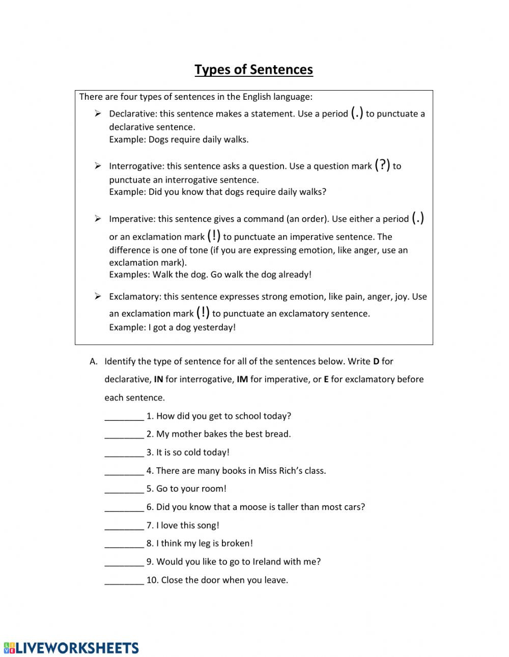 Types Of Sentences Worksheet Types Of Sentences Interactive Worksheet