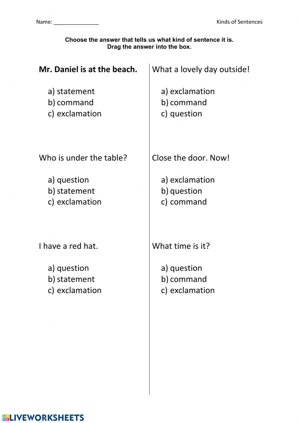 Types Of Sentences Worksheet Types Of Sentences Worksheet