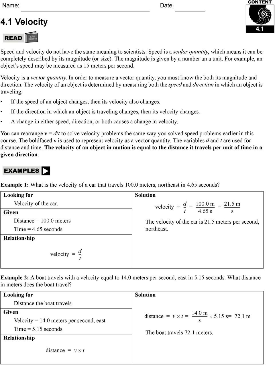 Velocity Worksheet with Answers 4 1 Speed 4 1 solution T 4 0 S Speed = S the Speed Of the