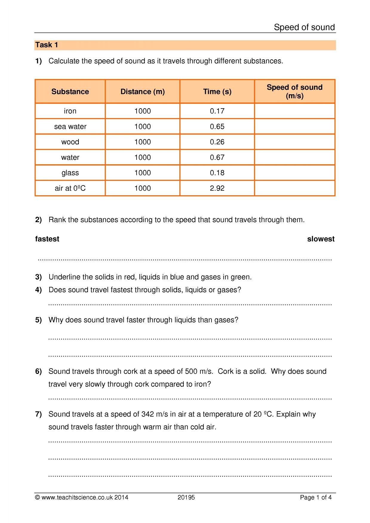 Velocity Worksheet with Answers Speed Of sound