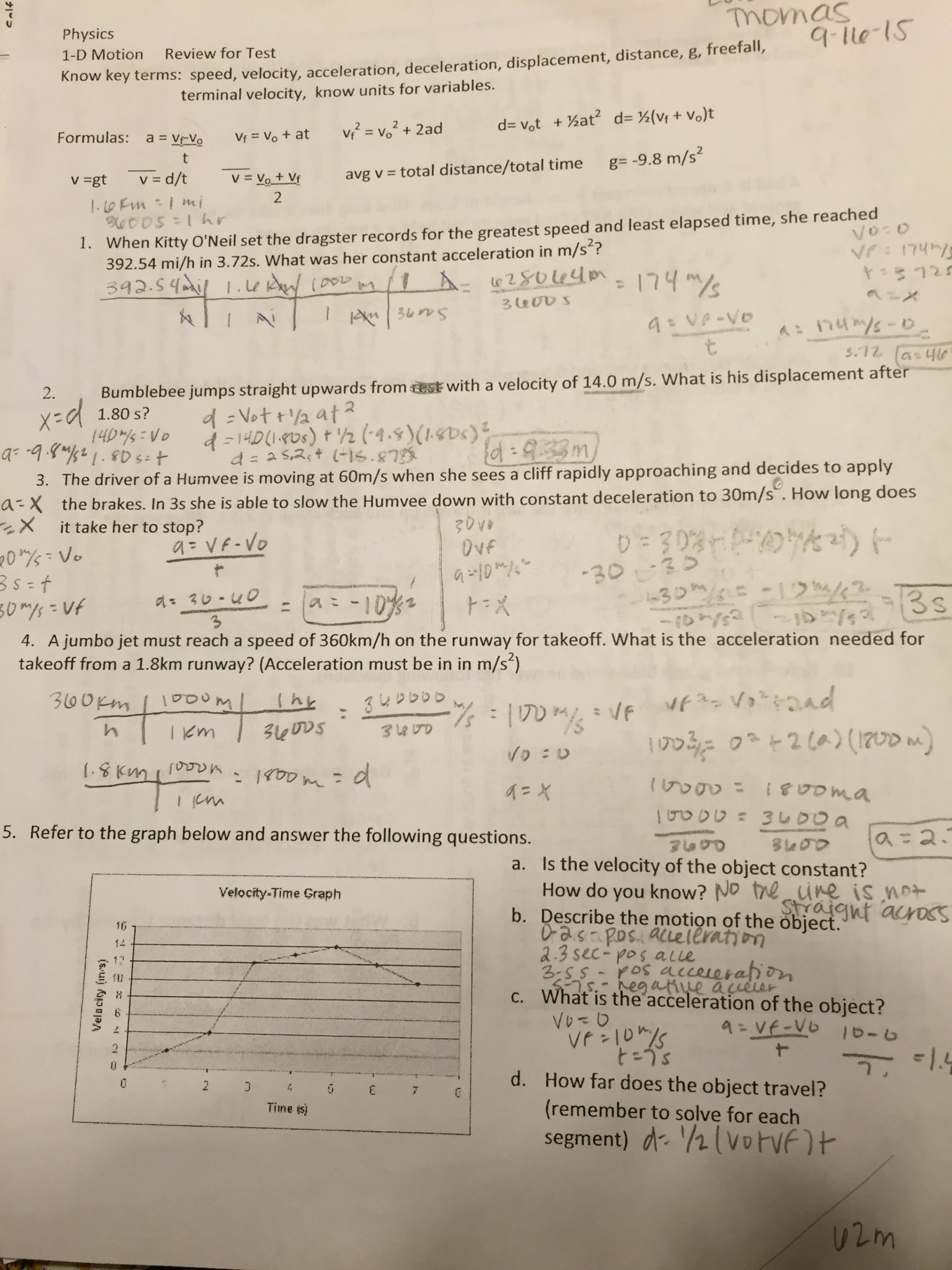 Velocity Worksheet with Answers Unit 2 Motion Speed and Acceleration Lauren Thomas 4a