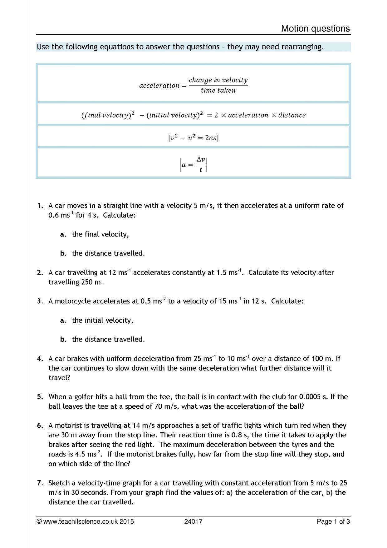 Velocity Worksheet with Answers Velocity and Acceleration Calculation Worksheet Answer Key