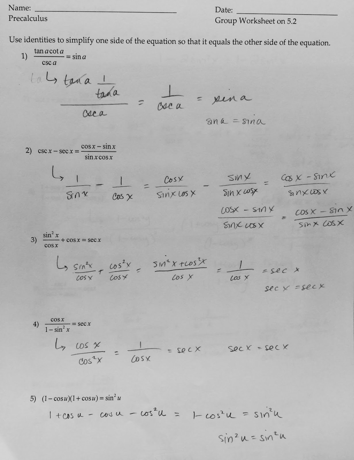 Verifying Trig Identities Worksheet 5 3 solving Trig Equations Worksheet 2 Precalculus Answers