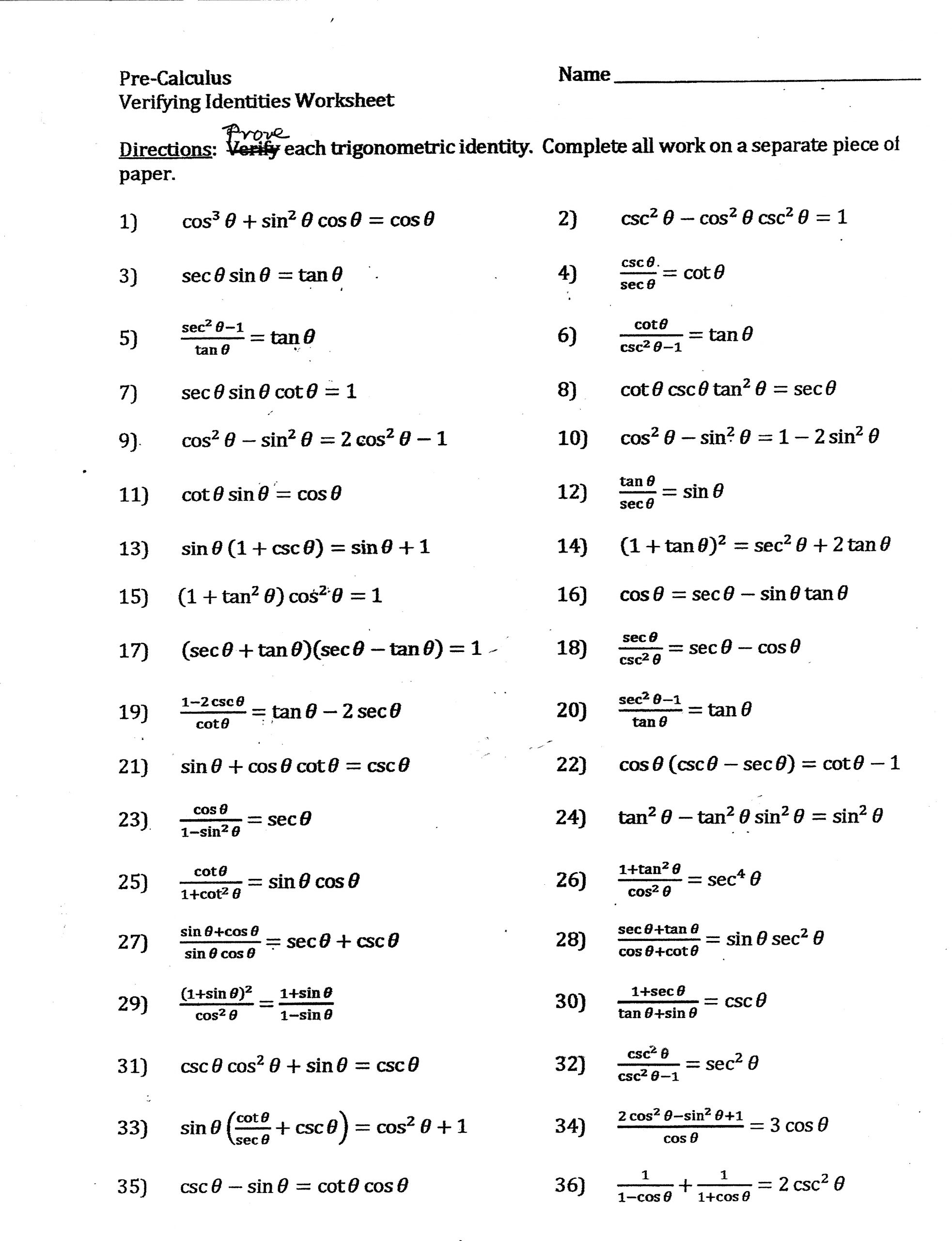 Verifying Trig Identities Worksheet Trigonometry Proofs Worksheets