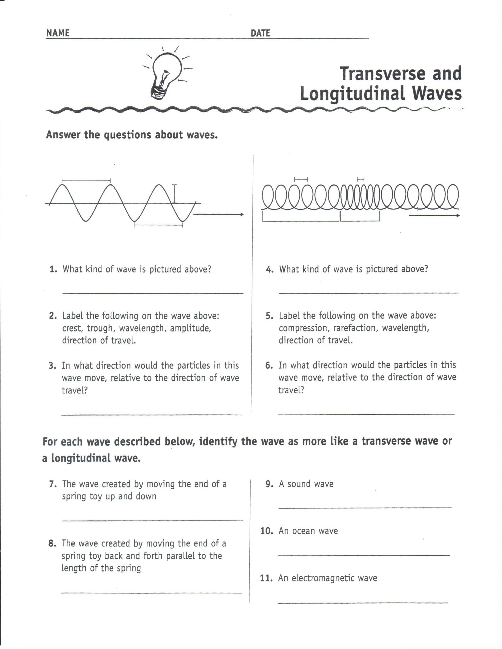 Waves Worksheet Answer Key Physical Science Transverse and Longitudinal Waves 1uyxl0i